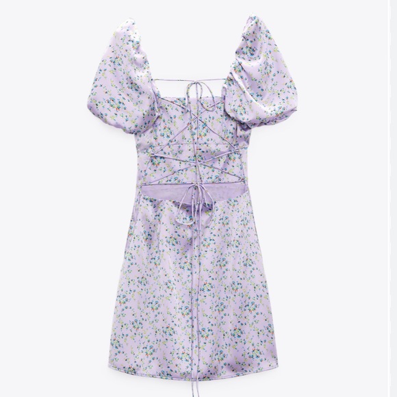 Zara NWT Printed Floral Lace Up Satin Dress Purple - Picture 5 of 8